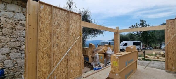 Ecopassif - réalisation extension ossature bois baie vitré en angle
